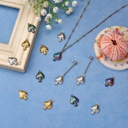 Vista 5 de 15 piezas de dije de hongo de acero inoxidable 304 con dije de seta de metal, color mixto para joyas, collares, aretes, manualidades, 15 piezas