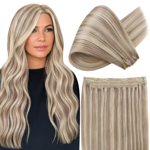 Vista 51 de Fshine - Extensiones de cabello con hilo invisible de 12 pulgadas, color rubio ceniza con reflejos de rubio decolorado, pieza de cabello humano real