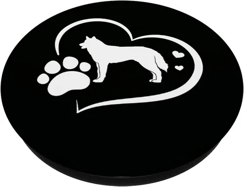 Vista 2 de Husky siberiano con estampado de huellas y corazón sobre fondo negro, PopSockets intercambiable PopGrip