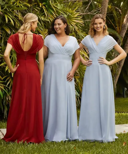 Vista 2 de DFDG Vestido de dama de honor de gasa con mangas de murciélago, largo con bolsillos, cuello en V, vestido formal de fiesta CM075