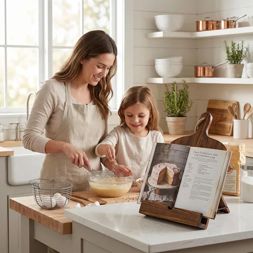 Vista 2 de MyGift Soporte para libro de recetas con diseño de tabla de cortar de Marrón