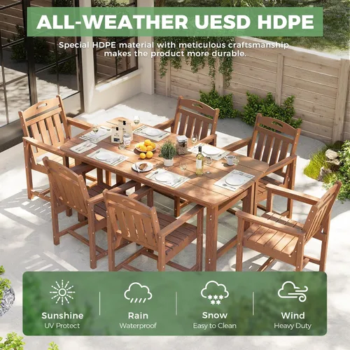 Vista 3 de Juego de comedor al aire libre HDPE, mesa exterior de 7 piezas para todo tipo de clima y 6 sillas Teca