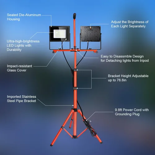 Vista 7 de LEDMO Luz de trabajo LED regulable con soporte, 2 interruptores independientes, 15000 lúmenes, 5500 K, reflectores de trabajo portátiles con trípode