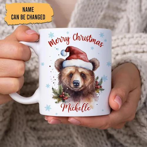 Vista 2 de Hyturtle Regalos personalizados para amantes de los osos – Taza de café de cerámica con nombre personalizado de oso con sombrero de Papá Noel