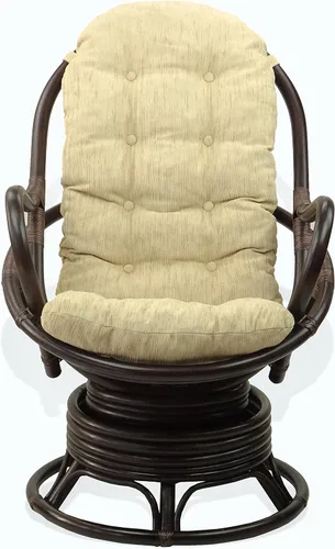 Vista 2 de Salón giratorio mecedora Java silla de mimbre natural de ratán con cojín crema, color marrón oscuro