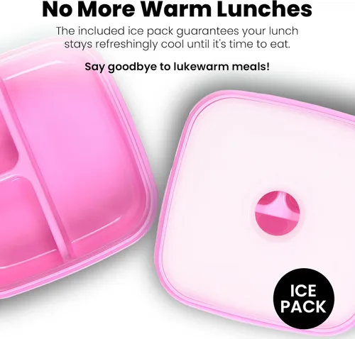 Vista 5 de Yoobi - Caja Bento rosa y paquete de hielo, 3 compartimentos, a prueba de fugas, snack 3-Compartment Design, Leakproof, BPA & PVC Free, Dishwasher