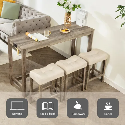 Vista 6 de Juego de mesa y sillas de barra de altura de mostrador de 4 piezas con toma de corriente, mesa de comedor rectangular estrecha con 3 taburetes