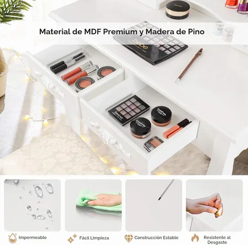 Vista 5 de CHARMAID Tocador de maquillaje con 10 luces LED, 4 cajones, estante de almacenamiento, perilla en forma de rosa, tocador de maquillaje