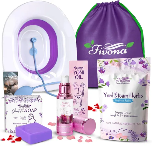 Vista 12 de Kit de vaporización yoni 2 en 1 FIVONA sobre el asiento del inodoro con hierbas de vapor V Receta Luna Azul para desintoxicación, limpieza