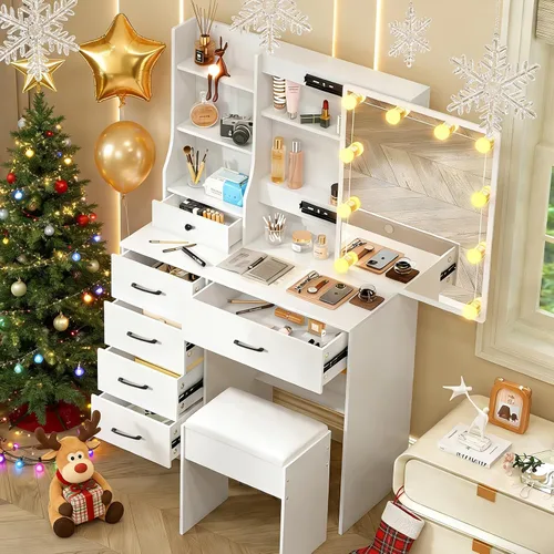 Vista 13 de Escritorio blanco cálido con espejo iluminado LED, mesa de tocador de maquillaje con armario izquierdo iluminado, 6 cajones y taburete, tocador