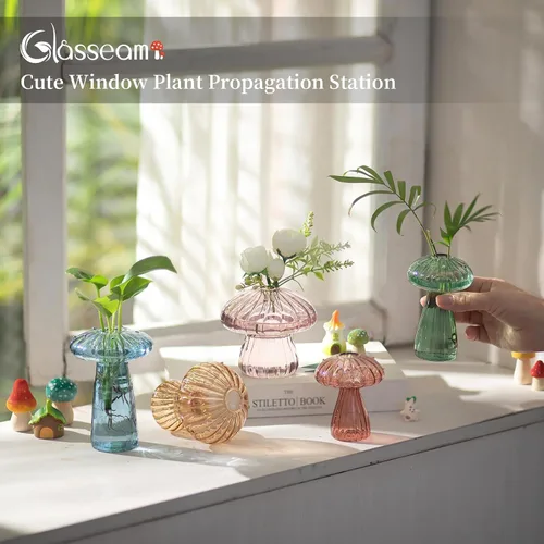 Vista 3 de Glasseam Estaciones de propagación de hongos para plantas: bonitas macetas de vidrio sopladas a mano de colores para plantas de interior, 5 frascos