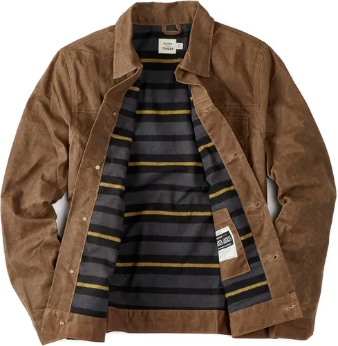 Vista 4 de Huckberry Flint and Tinder Chaqueta de Camionero Encerada con Forro de Franela para Hombre, Chaqueta para Hombre Resistente al Agua y a la Intemperie