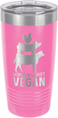 Vista 12 de Taza de viaje con pajita grabada a láser con citas de barbacoa, de la marca World's Worst Vegan, de 20 onzas, para comparar con Yeti Rambler