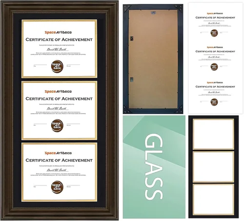 Vista 8 de Marco de tres certificados de 14 x 29 pulgadas con paspartú doble negro sobre dorado para (3) diplomas/grados de 8.5 x 11 pulgadas, ganchos