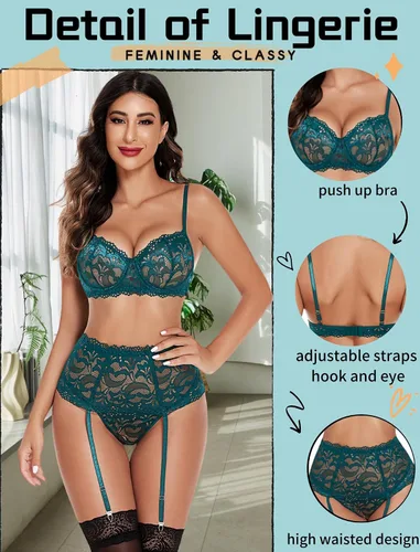 Vista 20 de Avidlove - Conjunto de lencería para mujer de cintura alta, lencería con cinturón, lencería