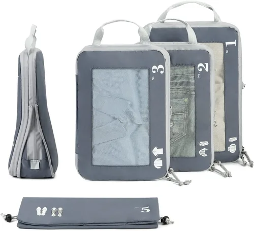 Vista 9 de ECOHUB Juego de 5 cubos de compresión para maletas, bolsas organizadoras, juego de artículos esenciales de viaje con bolsas de zapatos para viajes
