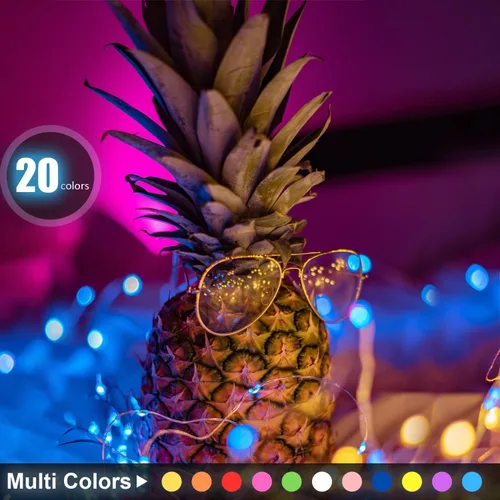 Vista 2 de Luces de Hadas USB Enchufables de 33 pies, 100 LEDs con Control Remoto, Luz Blanca Cálida de 20 Colores Cambiantes, Luces de Cadena Centelleantes