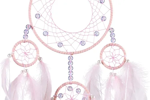Vista 4 de Atrapasueños suaves – Plumas de ganso rosa claro con multianillo, perla de lujo, cuero natural, hecho a mano, gran atrapasueños para decoración
