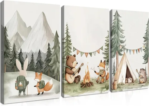 Vista 10 de Juego de 3 Arte de Pared de Animales del Bosque, Lienzo de Decoración de Pared con Imágenes de Animales Salvajes para Guardería, Lindo Póster
