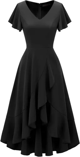 Vista 2 de DRESSTELLS Vestidos formales para mujer 2023 con volantes, cuello en V, vestido de cóctel, fiesta de té, vestido modesto de iglesia para invitados