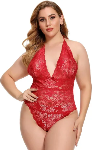 Vista 6 de Lencería para mujer de talla grande, body de encaje Halter sexy de una pieza con peluche.