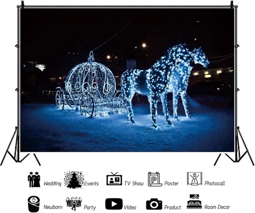 Vista 3 de Yeele Fondo de fotografía de carruaje de calabaza de 12 x 8 pies, luces de ensueño, caballos, noche de nieve, fondo fotográfico para princesa