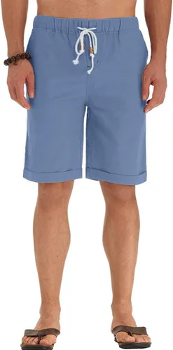 Vista 32 de Sailwind Pantalones cortos de lino para hombre, pantalones cortos casuales de playa con cordón