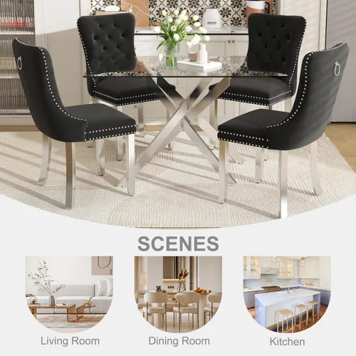 Vista 9 de Juego de mesa de comedor de vidrio de 51 pulgadas para 4, juego de 5 piezas de comedor moderno, mesa de cocina rectangular de vidrio con 4 sillas