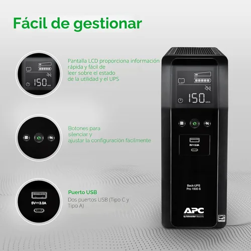 Vista 5 de APC UPS 1500VA/900W UPS de onda sinusoidal pura para computadora, electrónica, BR1500MS2 Back-UPS Pro sinewave UPS for PC, gaming & home offices.