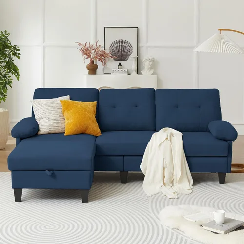 Vista 9 de Sofá modular convertible de 84 pulgadas, moderno sofá pequeño en forma de L de tela de lino con diván reversible, sofá de 3 asientos para sala
