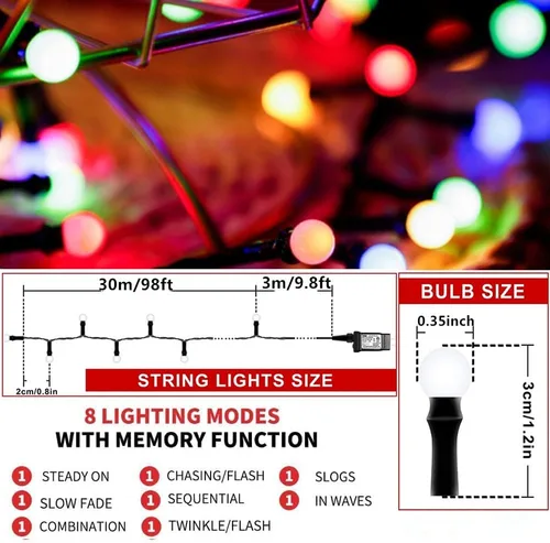 Vista 2 de Meteds - Luces LED de Navidad para exteriores, 300 LED, 32 m, 8 modos, luces de globo enchufables y conectables impermeables para decoraciones