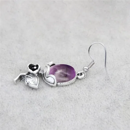 Vista 4 de Natural Stone Amethysts Quartz Rose Flower Pendant Earrings For Women Antique Silver Plated Tiger Eye Fashion Earring Jewelry