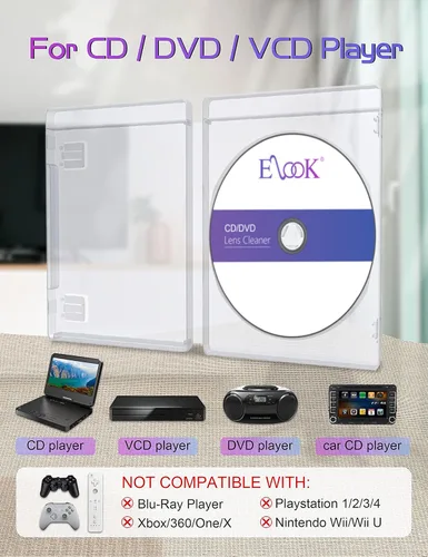 Vista 5 de Elook Kit limpiador de reproductor de CD, disco de limpieza de lentes láser para reproductor de CD/VCD/DVD, con paño de microfibra y almohadilla