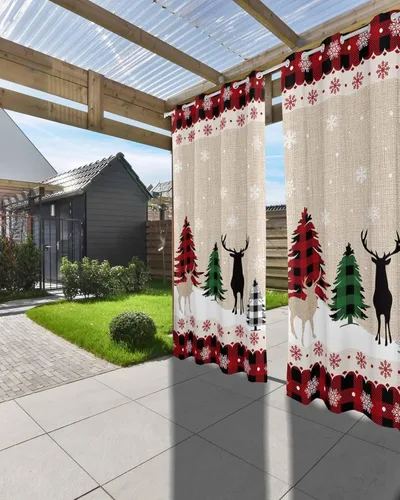 Vista 3 de Christmas Reindeer Outdoor Curtains for Patio Waterproof Drapery,Grommet Window Curtain Living Room,Bedroom,Doorway,Kitchen,Cafe,Porch,Cabana Drapes
