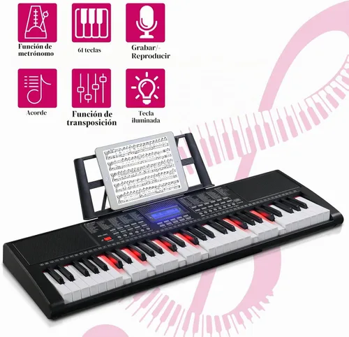 Vista 5 de GLARRY Teclado de piano electrónico portátil de 61 teclas para principiantes con teclas iluminadas, pantalla LCD, micrófono, auriculares, 3 modos