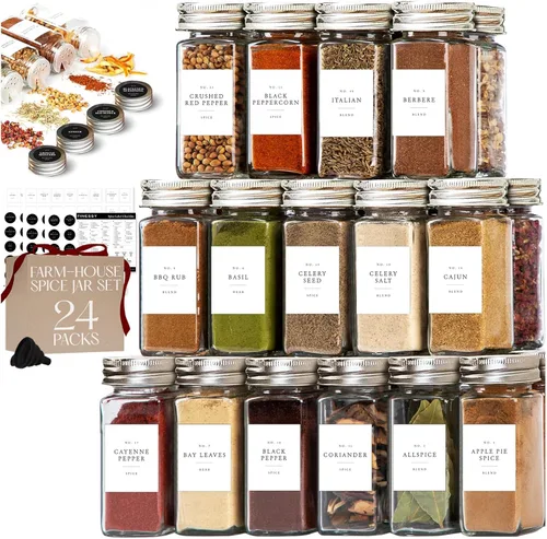 Vista 13 de FINESSY Tarros de especias de vidrio grueso con tapas herméticas y Paquete de 24 Estilo Minimalista