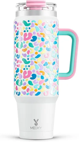 Vista 25 de Meoky Vaso de 40 onzas con asa y pajita, vaso aislado con tapa y popote, taza de viaje de acero inoxidable, mantiene el frío durante 34 horas, 100%