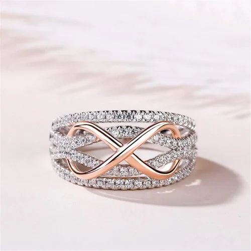 Vista 5 de Jeulia - Banda de plata de ley con infinito de dos tonos, para mujer, novia, esposa, compromiso, compromiso, aniversario de boda o cumpleaños