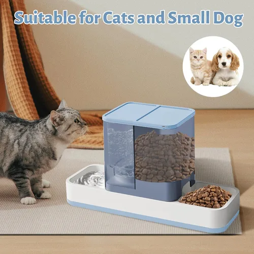 Vista 7 de Yummy Sam Alimentador automático para mascotas pequeñas y dispensador de agua, 2 en 1 por gravedad para gatos, juego de comedero automático para Azul