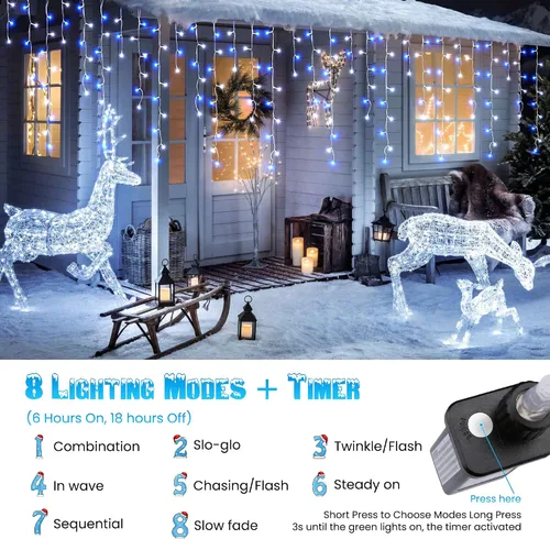 Vista 2 de Toodour Luces de Carámbano de Navidad Blancas y Azules, 29.5 pies, 360 Luces LED de Carámbano, 8 Modos, 60 Gotas, Luz LED de Navidad para Cortina