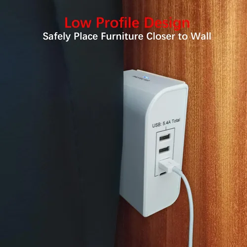 Vista 8 de Protector de sobretensiones de 3 salidas laterales de 1200 julios con 3 puertos USB-A y cargadores USB-C de 1 puerto, CP30009