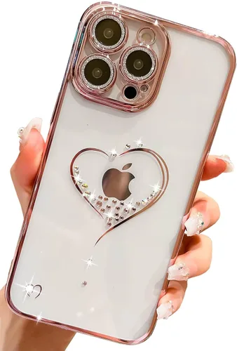 Vista 14 de Bling Glitter Heart compatible con iPhone 13 Pro de 6.1 pulgadas, bonito protector de cámara completo brillante para mujer, funda de teléfono Oro