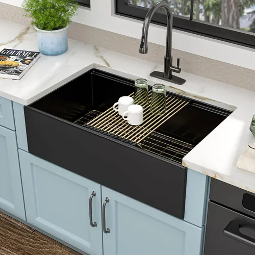 Vista 2 de Estación de trabajo de fregadero de granja negra de 30 x 20 pulgadas, delantal reversible con repisa, lavabo de cocina de cerámica de porcelana