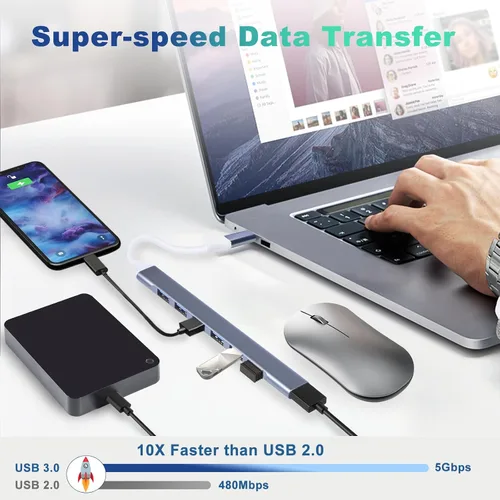 Vista 5 de Adaptador multipuerto USB C a USB, Hub USB 3.0 de aluminio de 4 puertos USB Splitter para computadora portátil, para MacBook Pro/Air, iPad Pro