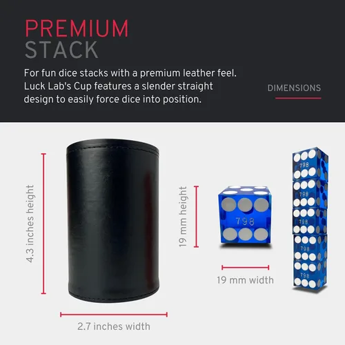 Vista 5 de Luck Lab Taza apilable de cuero negro con 5 dados de casino serializados con borde de maquinilla de afeitar de 0.748 in, taza recta profesional