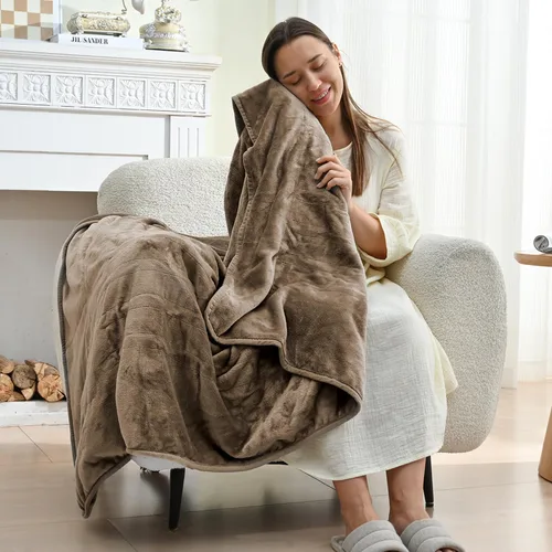 Vista 15 de Mantas eléctricas con calefacción, manta eléctrica de franela suave con 6 ajustes de calor, manta de 50 x 60 pulgadas, color chocolate, piel