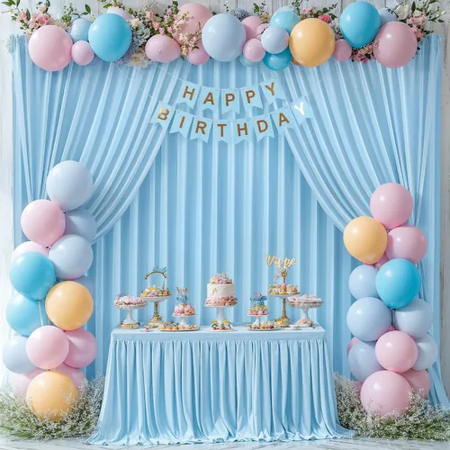 Vista 3 de Cortinas de fondo azul bebé de 8 x 10 pies para bodas, cortinas de fondo de poliéster sin arrugas, para baby shower, fiestas de cumpleaños