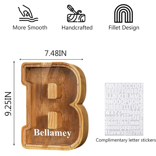 Vista 4 de Alcancía de madera grande personalizada con letras – Alcancía de letras para niños y niñas, regalo de cumpleaños (A)