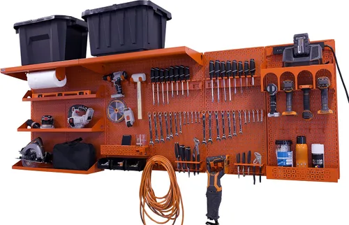 Vista 6 de OmniWall Weekend Warrior Ultimate Tool Kit - Sistema de Almacenamiento de Pared de Tablero de Clavos de Metal de 96" x 32" Negro/Naranja