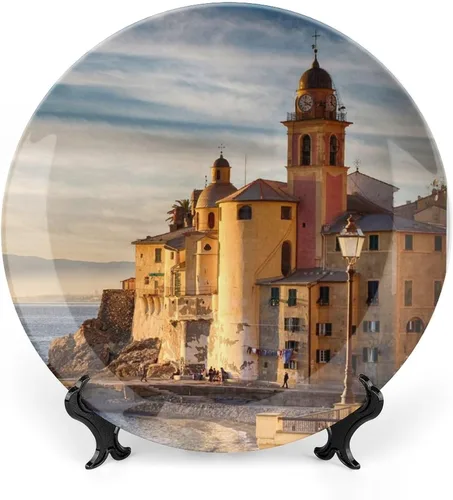 Vista 10 de Plato decorativo de pared de porcelana de 6 pulgadas con soporte, barco, cielo, mar, paisaje, naturaleza, adornos coleccionables, arte de pared